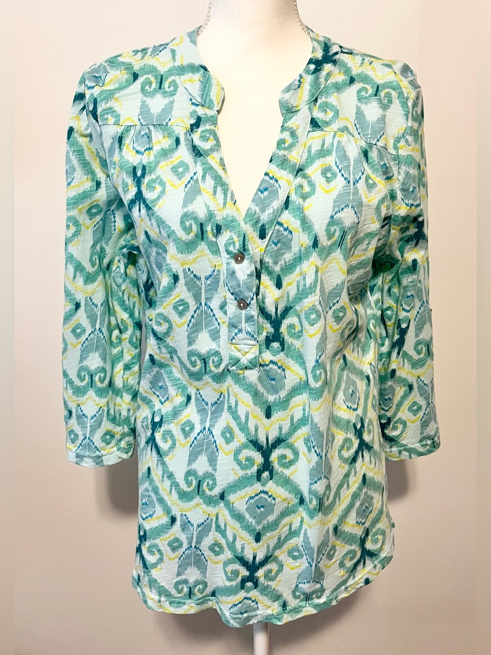 Fresh Produce Cotton IKAT Print Tunic Top. V Neck, 3/4 Sleeves, Green/Wht Sz XL